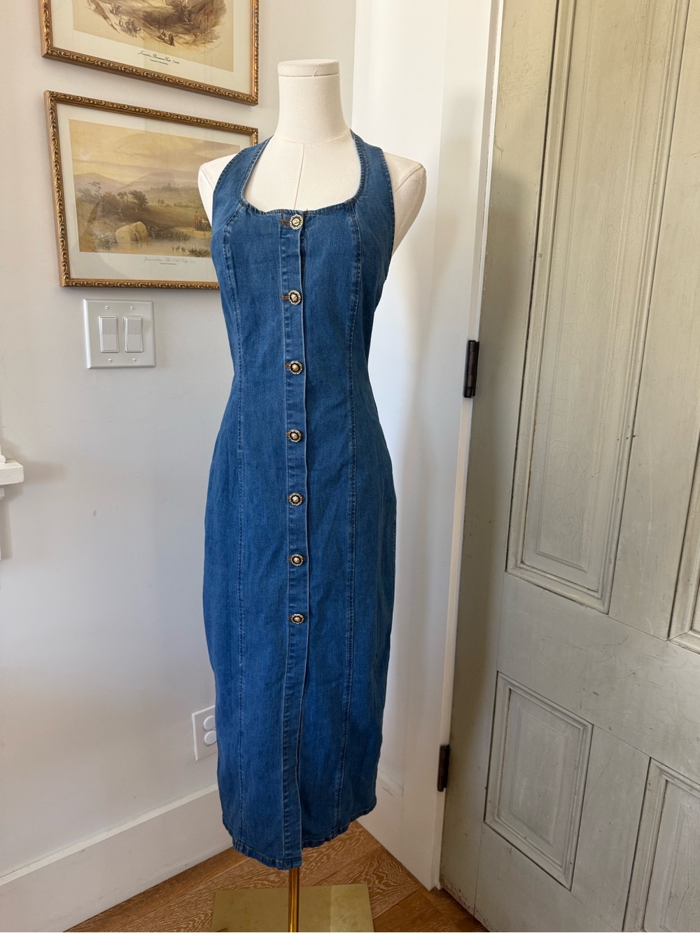 NWT Commense Cotton Denim Midi Halter Button Down Dress - Picture 3 of 8
